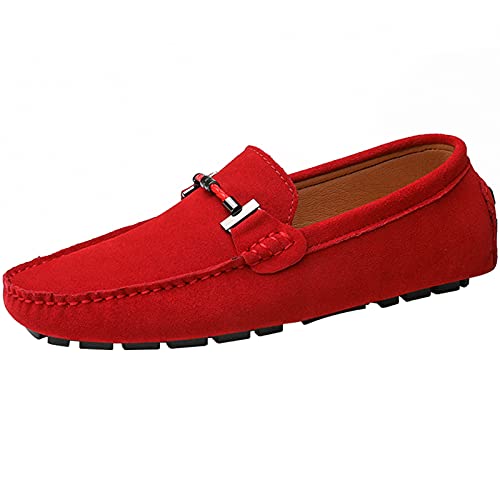 yldsgs Flat Loafer for Men Suede Leather Slip-on Dress Driving Moccasins Casual Boat Shoes Red 12/47