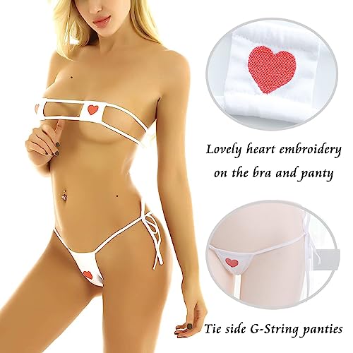 Women Bikini Kawaii Heart Embroidery Bandeau Swimsuit Tiny String Sliding Top Tie Side Thong Anime Cosplay Lingerie Set4