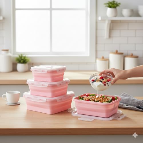 Image of The Better Home Silicone Lunch Boxes | Airtight Foldable | Pack of 3 | 1200ml, 800ml, 500ml | Lightweight, Microwave Safe, Travel-Friendly | Pink | Perfect for Kids, Office, School.