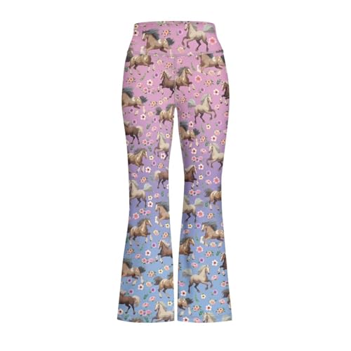 Horse Flare Yoga Pants for Girl Flower High Waisted Bootcut Leggings Casual Gym Leggings2