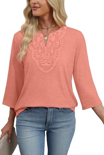 Image of WIHOLL 3 /4 Length Sleeve Womens Tops Boho V Neck Lace Shirt Trendy Blouses Dressy Casual Vacation Clothes S-3XL