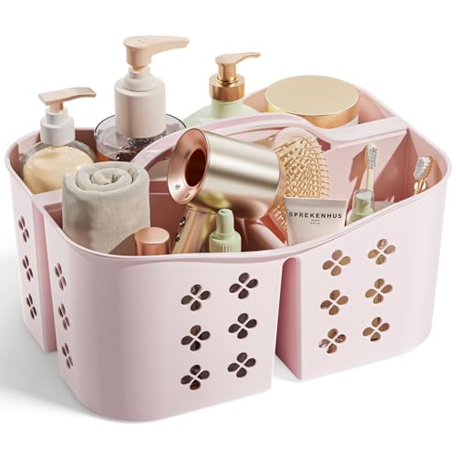 Portable Shower Caddy with Handle Large Capacity Shower Basket Organizer Quick-Drain Bathroom Storage Tote Durable Plastic Shower Organizer for College Dorm Beach Gym Travel Essentials Pink
