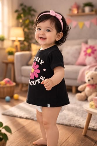 Image of BODYCARE Infant Baby Girls Cotton T-Shirt Round Neck Half Sleeves Ultra Soft Breathable Fabric Regular Fit Casual Tee Summer Wear Top for Kids