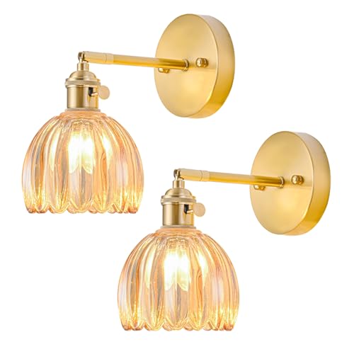 Image of Wall Sconces Set of Two Hardwired, Vintage Sconce Light with Tulip Amber Glass Lampshade, Bathroom Wall Lights with Switch, Gold Wall Light Sconces Wall Decor Set of 2