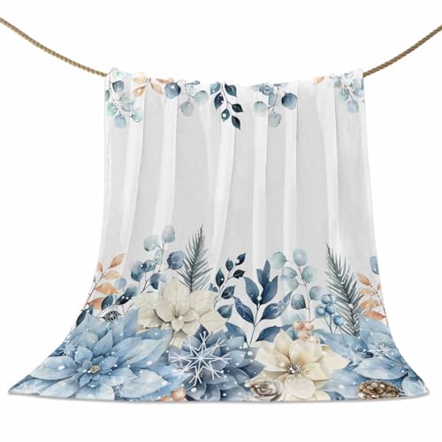 Blue Christmas Poinsettia Throw Blankets, Winter Eucalyptus Leaves Soft Fleece Blanket Decorative for Home Sofa Couch Chair Living Bedroom,40x50 Inches,