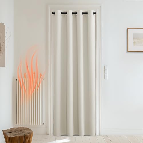 PONY DANCE Eyelet Blackout curtain 84 inches Drop - Thermal Door Curtain Energy Saving Front Curtain for Bedroom/Living Room & Kitchen,52 inch Wide, 1 Panel, Light Beige