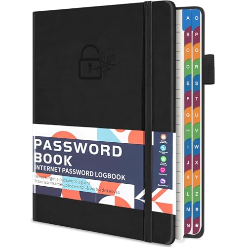 YeeCASE Password Keeper Book with Colorful Alphabetical Tabs, 5.8”x8.4” Hardcover Password Log-Book, 200 Pages/100 Sheets Password Notebook Organizer for Internet Website Address Login (Black)