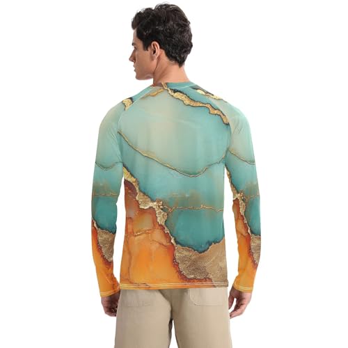 Marble Turquoise Orange Men's Rash Guard Shirts Breathable Loose Men's Sun Protection Long Sleeve Beach2