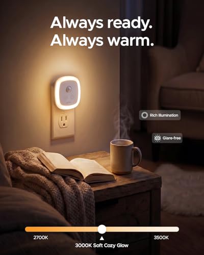 Image of YELKO Motion Sensor Night Light, 5-Level Dimmable with Dusk to Dawn Sensor, Plug in Warm White Anti-Glare LED, Cozy Soft Glow, Adjustable Delay Time for Bathroom, Hallway, Kitchen, Stairs, 2 Pack