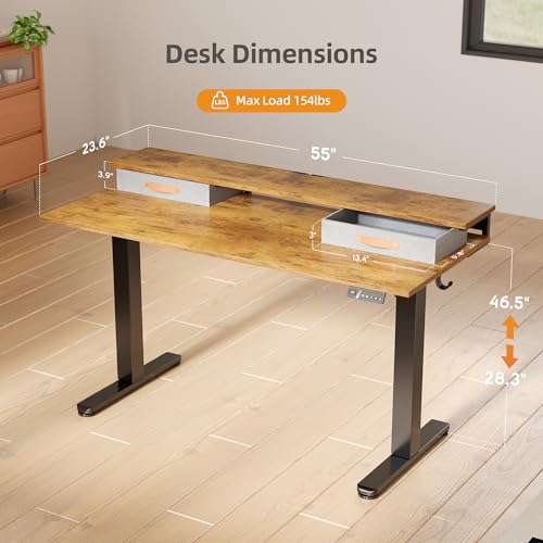 Image of Claiks Electric Standing Desk with 2 Drawers, 55 Inch, Rustic Brown