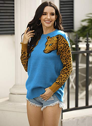 Cresay Women's Leopard Long Sleeve Sweater Crewneck Knitted Tops Pullover4