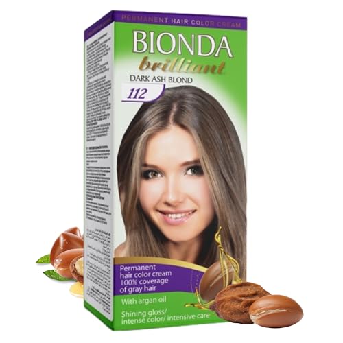Tinte y coloración permanentes BIONDA Brilliant, 100 ml, 100 % canas, con aceite de argán, fórmula nutritiva de aceite, brillo intenso, raíz y longitudes completas (112 rubio ceniza oscuro)