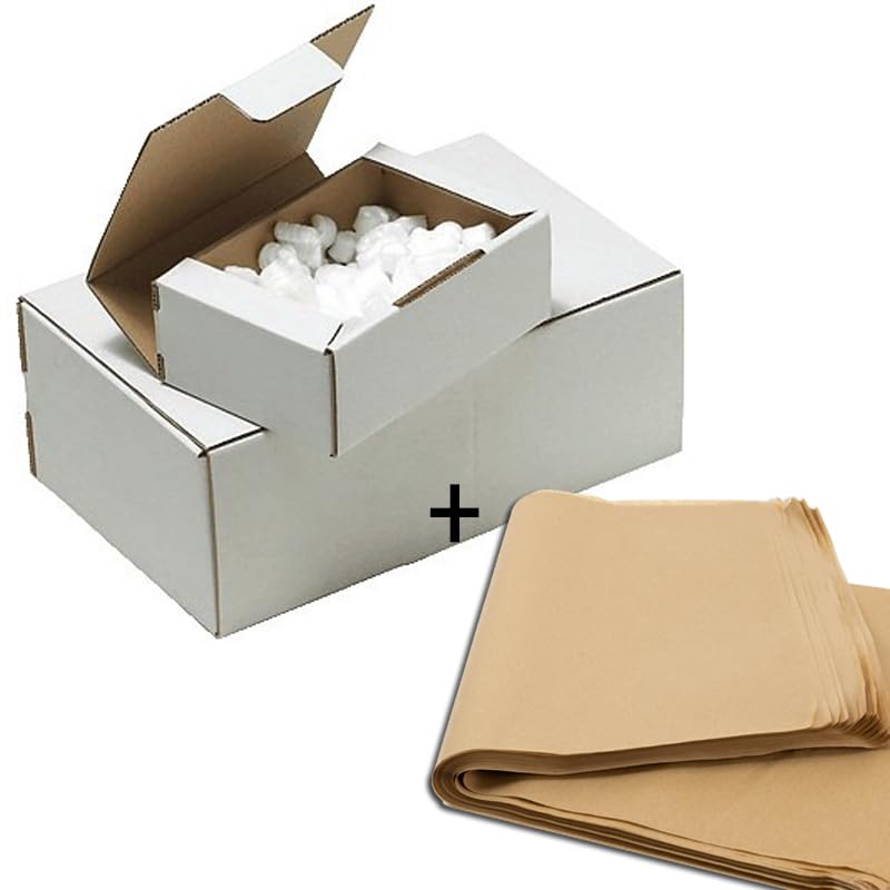 25 Cajas Automontables Blancas 12x10x8cm (Interiores) + 25/30 Hojas de Papel Manila (60x43cm), Cajas Postales de Cartón Ideal para E-Commerce y Envío Seguro (12x10x8cm - 25 Blancas +25/30 Papel)