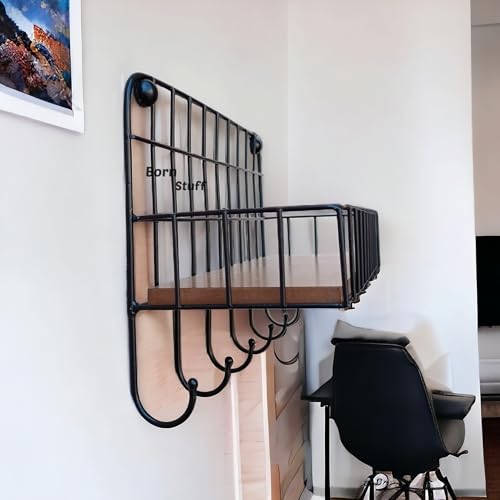 Image of Wood Karigari Floating Wall Shelf for Bedroom, Living Room, Bathroom, Kitchen, Office Storage Wall Mount Shelf with 6 Hooks (MDF Metal Black Powder Coated