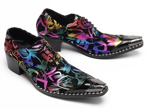 Santimon Mens Pointed Toe Lace Up Dress Shoes with Metal Tip – Western Formal Oxfords with Colorful Pattern, Snake Print & Graffiti Design – Stylish Party Stage Prom Shoes3