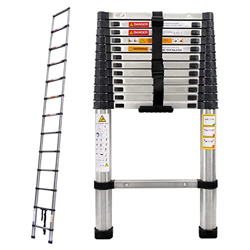Stainless Steel Telescoping Ladder - 12.5ft/3.8m Heavy Duty Collapsible Ladder with Non-slip Feet - 330 lbs Capacity