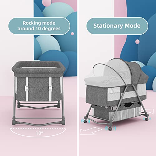 67i Baby Bassinet Portable Folding Rocking Bassinet for Baby 2-in-1 Rocking Cradle Quick-Fold Bassinet for Newborn Infant Crib Toddler Bassinet with Storage Basket and Travel Bag (Grey)