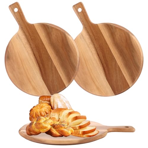 Oungy 2 tablas de cortar de madera con asa, 30,5 cm de diámetro, platos de pizza de madera, duraderas, redondas, de madera, para picar y servir embutidos, queso, pizza, pan