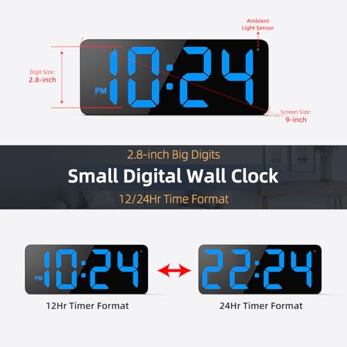 Image of LED Digital Wall Clock with Large Display, Big Digits, Auto-Brightness, 12 /24Hr Format, Modern Electric Small Silent Wall Clock for Living Room, Bedroom, Classroom, Farmhouse, Kitchen, Office - Blue