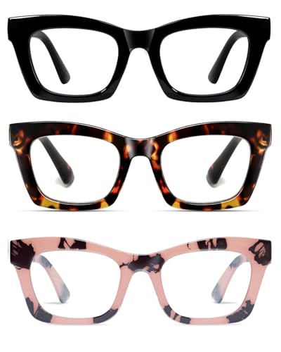 Hubeye Square Reading Glasses for Women Men Blue Light Blocking Computer Fashion Style Readers with Spring Hinge (Black+Pink Tortoiseshell+Tortoiseshell,2.25)