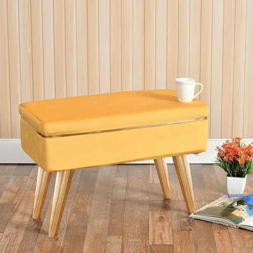 Image of Ottoman Bench for Living Room | Upholstered Seating with Wooden Legs| Multipurpose Seating for Home & Office| Stylish Accent Furniture for Bedroom & Drawing Room Decor, Sqr Bnch-Mustard