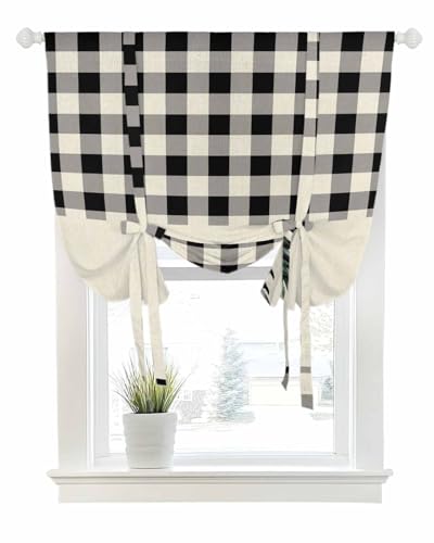 Tie Up Curtains for Windows Retro Farm Rooster on Linen Rod Pocket Tie-Up Window Shade Adjustable Balloon Curtain Valance White Black Plaid for Bedroom Kitchen Bathroom Blinds,52x45in