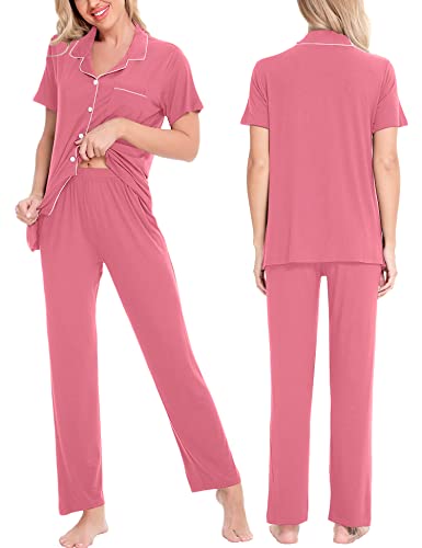 Image of SWOMOG Women Pajama Sets Two-Piece Nightwear Short Sleeve Sleepwear Button Down Pj Lounge Sets with Long Pants