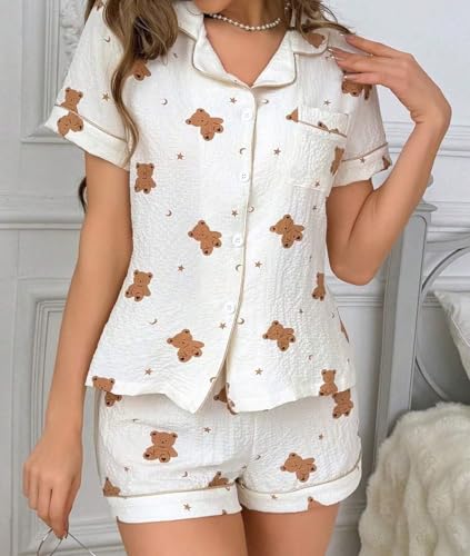 SWOMOG Women 2 Piece Pajamas Sets Short Sleeve Pj Sets Cute Printed Sleepwear Button Down Shirt with Lounge Shorts Set3