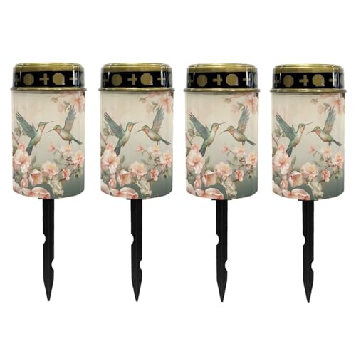 Image of Poceacles Solar Lights Outdoor Grave Solar Lights for Cemetery Decoration Solar Outdoor Lights Cemetery Solar Lamp for Garden Lawn Backyard Pathway Decor, Hummingbird Flower Beige, Pack of 4