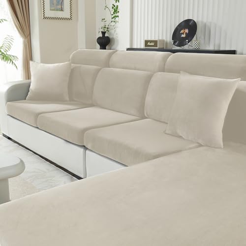 CYCMACO Funda Asiento Sofa Terciopelo Alta Elástica, Funda Cojin Sofa Ajustable Protector, Antideslizante, Separado, Universal, Lavable(1 Asiento, Beige)