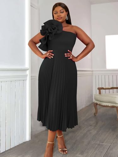 Image of AOMEI Women's One Shoulder 3D Flower Sleeveless High Waist Pleated A Line Long Dress Party Summer
