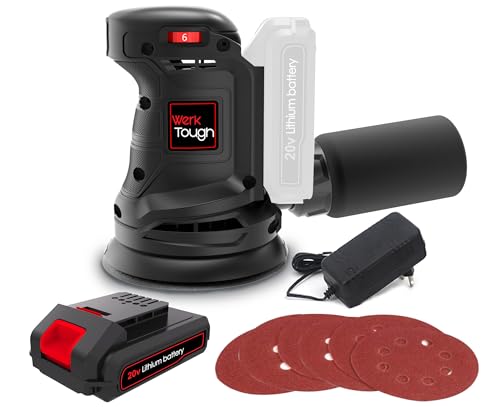 Wertough SA002 20v Cordless Random Orbital Sander 6-Step Speed with 2.0A Battery and Fast Charger 1pcs 125 Sander Wheel and 6pcs 125mm Sander Paper with dust Bag