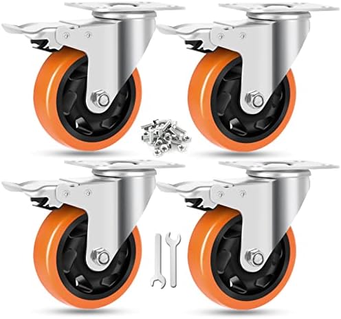 W B D WEIBIDA 4 Inch Swivel Casters with Brake Set of 4 Heavy Duty of 1200 lbs, Safety Dual Locking Plate Castors, No Noise Wheels for Furniture, Workbench and Carts(Nuts & Bolts & 2 Spanners)