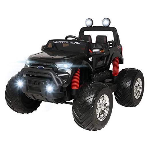 Actionbikes Motors Barn elektrisk bil Ford Ranger Monster – 4 x 45 watt motor – pekskärm – Allhjul – 2-sits – Rc fjärrkontroll – Elektrisk bil för barn från 3 år (svart)