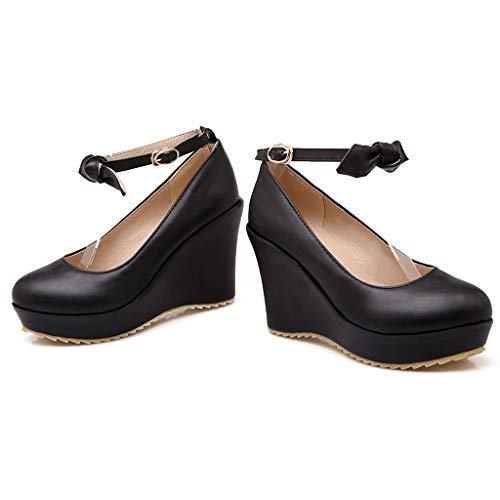 MIOKE Women's Fashion Wedge High Heel Mary Jane Pumps Round Toe Bowtie Ankle Strap Dress Wedding Shoes2