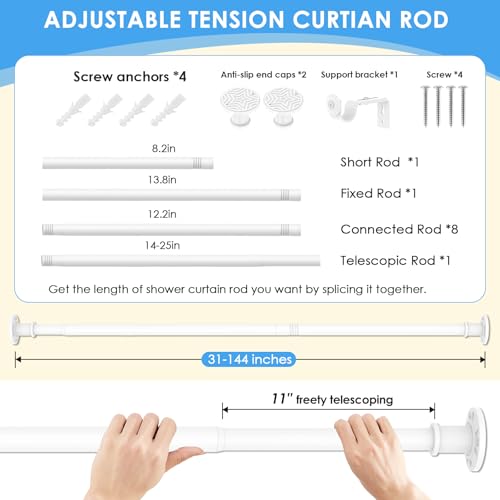 Image of Outdoor Curtain Rod 31-144 inch Adjustable Long Spring White Shower Tension Curtain Rod Extra Long Outdoor Rods for Patio Bathroom Windows No Drilling, No Rust