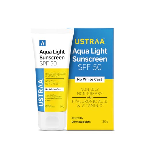 Image of Ustraa Aqua Light Sunscreen SPF 50 PA++++ for Men - 30g | No White Cast | Non-Oily & Non-Greasy Formula with Hyaluronic Acid & Vitamin C | UVA /UVB Protection