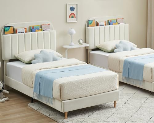 GarveeHome Twin Bed Frame with Storage Headboard, Velvet Upholstered Platform Bedframe for Kids, Girl Bed, Strong Wooden Slats, Noise-Free, Easy Assembly, No Box Spring Needed, Beige
