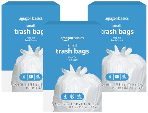 Image of Amazon Basics Trash Bags, 4 Gallon, 80 Count (Pack of 3) | Flap Ties | Fresh Scent