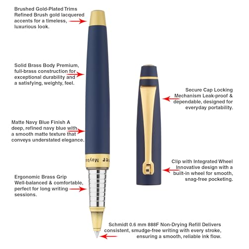 Image of Oliver Maybach Matte Navy Blue & Brush Gold Rollerball Pen - Premium Brass Body, Schmidt 0.6mm Refill, Gold Clip | NLB Gift Box