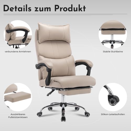 Sedia da ufficio professionale con portata di 150 kg e meccanismo sincrono, sedia direzionale in ecopelle traspirante, regolabile in altezza con braccioli e poggiatesta 4D, colore beige/grafite per