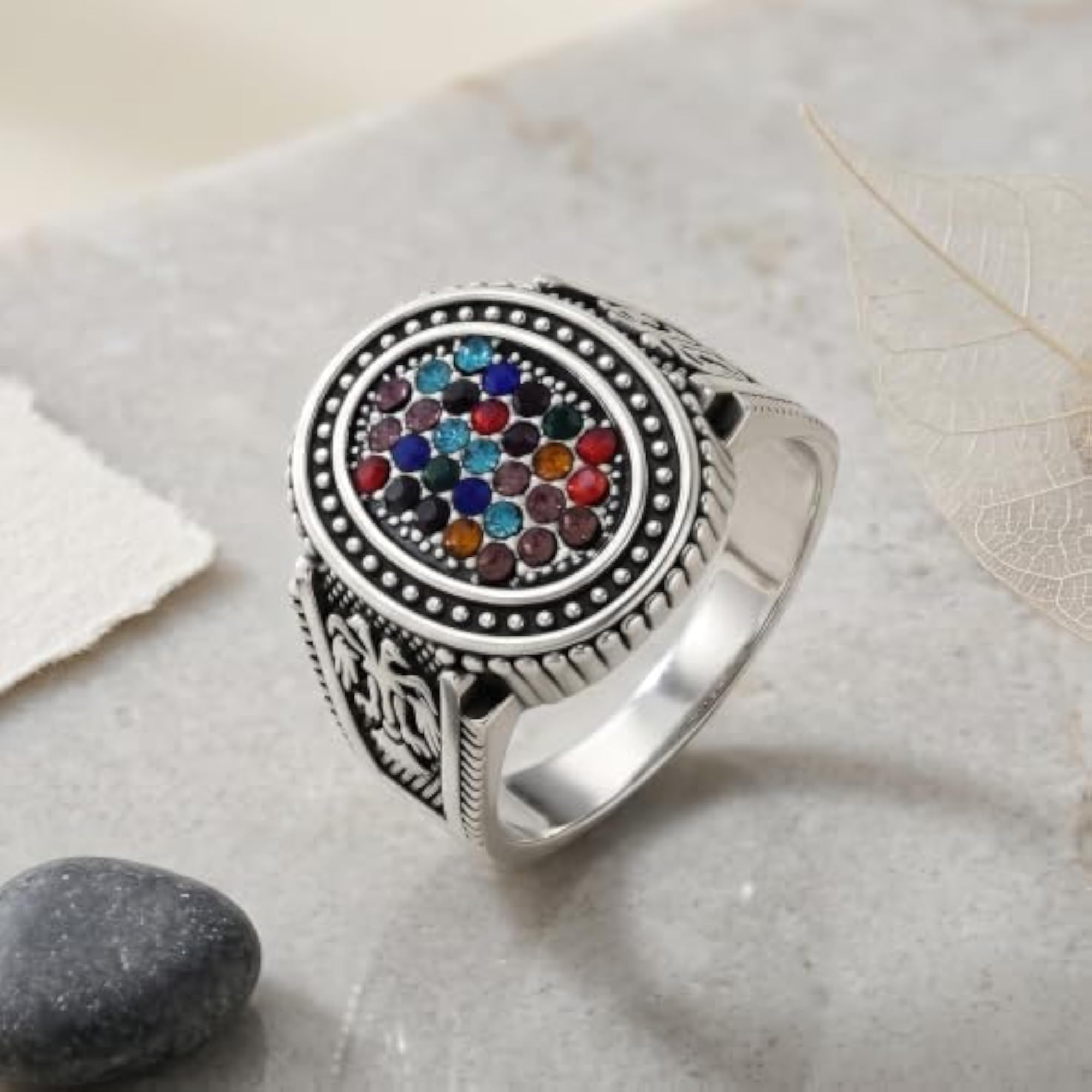 Men's Multicolor CZ Stone Statement Ring, Silver Plated