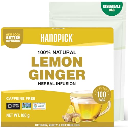 HANDPICK, Té De Limón Y Jengibre - 100 Bolsitas Redondas Ecológicas - Sin Cafeína y No-OGM - Con Limoncillo, Regaliz, Limón, Jengibre - Sabor Cítrico y Refrescante - Sellado al Vacío HANDPICK, Té De Limón Y Jengibre - 100 Bolsitas Redondas Ecológicas - Sin Cafeína y No-OGM - Con Limoncillo, Regaliz, Limón, Jengibre - Sabor Cítrico y Refrescante - Sellado al Vacío