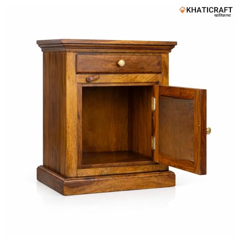 Image of Solid Sheesham Wood Stupa Bedside Table with Drawer and Door Storage for Bedroom Furniture | Wooden Bedside End Tables | Nightstand Side Table for Living Room Home and Hotels (Honey Finish)