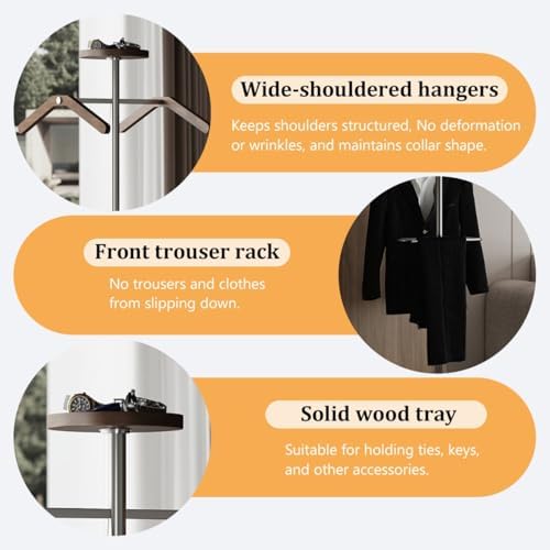 Freestanding Suit Valet Stand with Top Tray, Solid Wood Clothes Rack Organizer with Trouser Bar, Stable Base for Suits, Watches, Keys & More (Black)