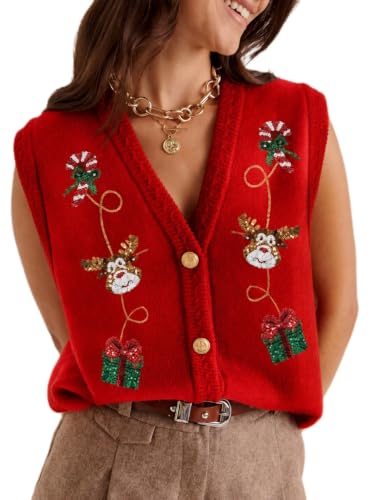 Image of Women Christmas Sweater Vests Santa Claus Sleeveless Cardigan | Women Christmas Sequin Sweater Vests, Button Down, Gingerbread Man Print, Christmas Holiday Tank Top