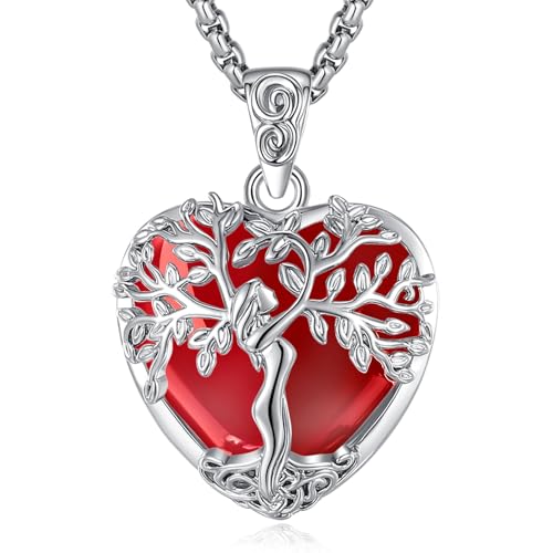 EUDORA Harmony Ball Collana Realizzata in Rame Placcato Argento con Albero della Vita e Rubino per Donne, Ciondolo Albero della Dea Madre con Cristallo a Cuore Rosso Gioiello Regalo per Mamma, 20' + 2