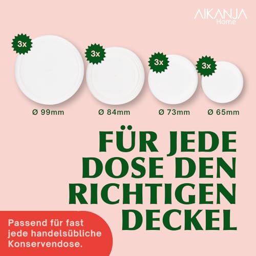 AIKANJA Home | Dosendeckel/Konservendeckel - Set 12 Stück, Deckel in vier Grössen Universaldeckel aus transparenten Kunststoff für Lebensmittel | auch für Katzenfutter/Hundefutter 400g / 800g