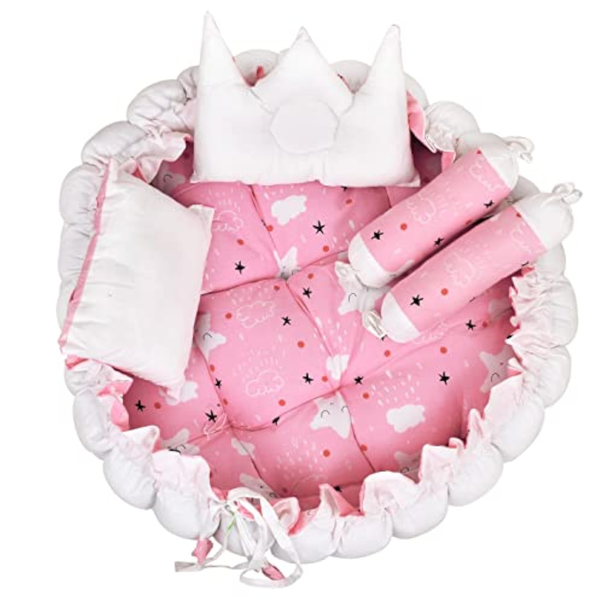 Multicolor 4 Pillows & Round Shape Baby Bed for 0-1 Year