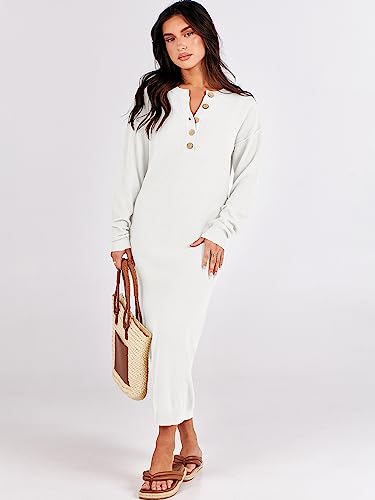 Image of ANRABESS Women Long Sleeve Button V Neck Oversized Casual Loose Fit Waffle Knit Fall Midi Sweater Dress 2026 Trendy Outfits